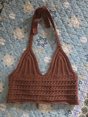 ROMWE Brown Crochet Halter Crop Top